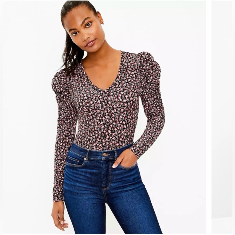 LOFT Pink and White Ruched Puff Long-Sleeve Floral Blouse Size L